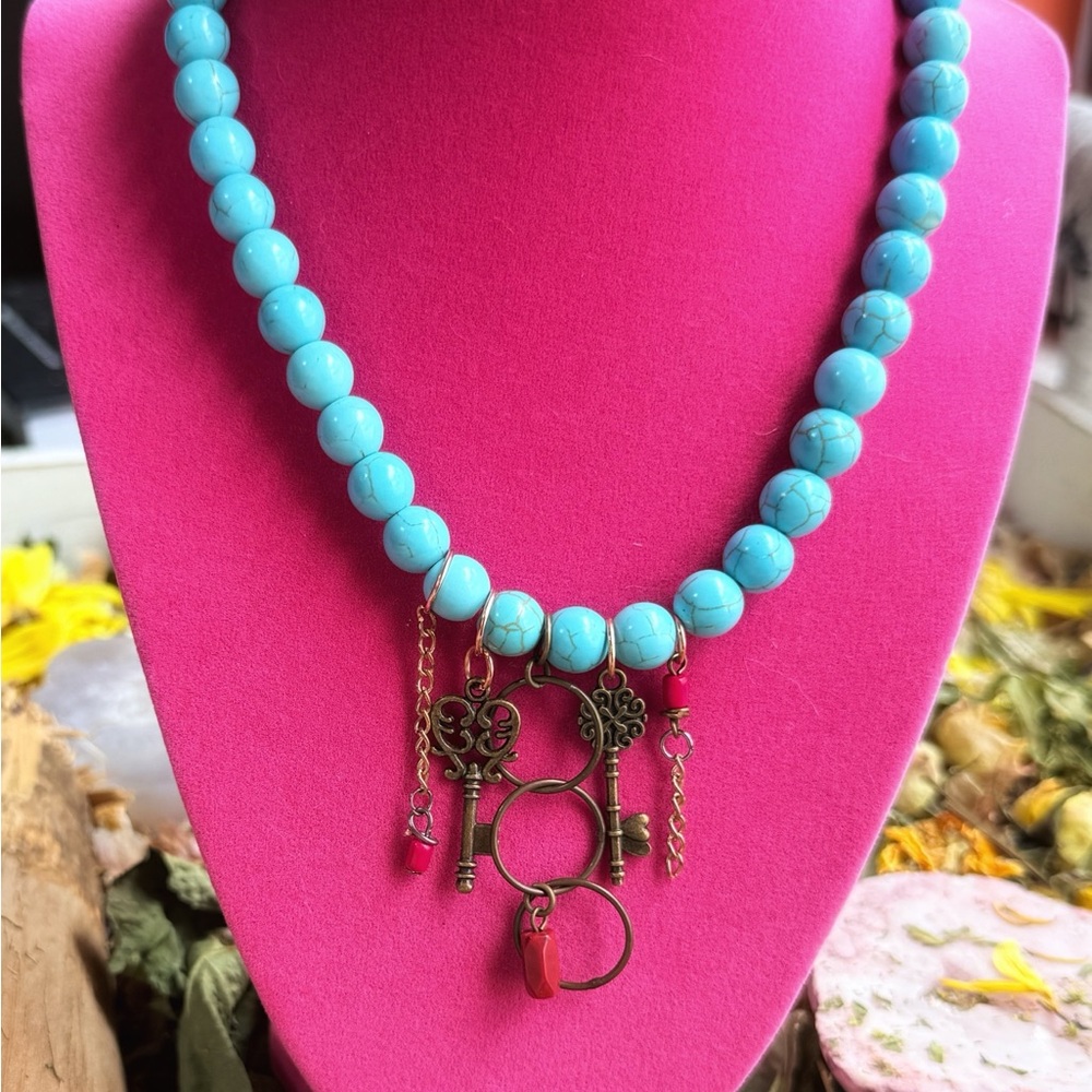Brass coral gemstone charms turquoise necklace - Picture 4 of 4